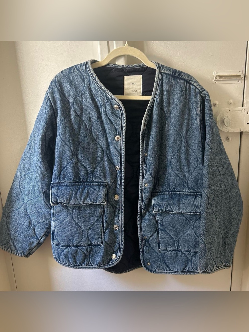 Mango Quilted Denim Jacket in Light Blue